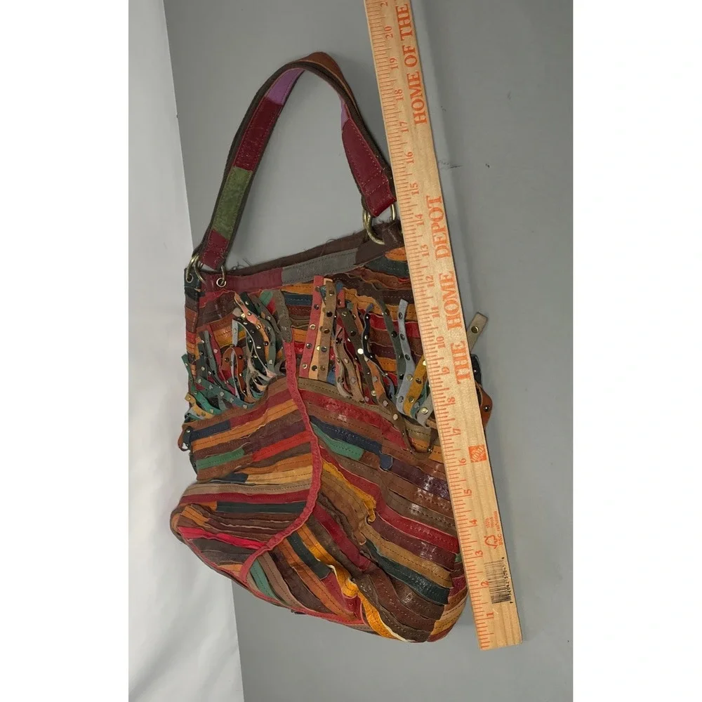 Multi Colored Patchwork Leather Stripes Hobo Studded Bag